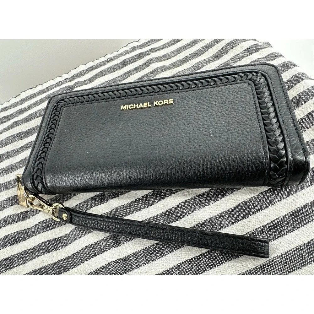 Michael Kors Wallet Large Lexington Continental Pebbled Leather Braided Wristlet